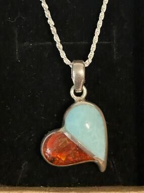 925 Sterling Silver Baltic Amber Larimar Heart Pendant Necklace 20" 11.25g